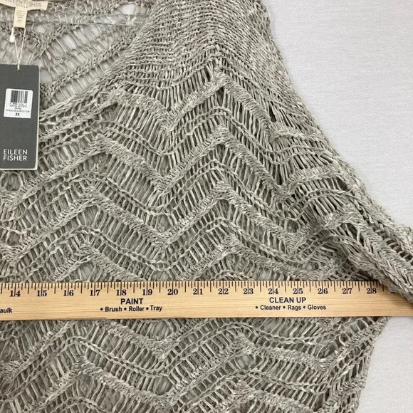 New Eileen Fisher Light Gray Open Knit Cotton Wonder Scallop Sweater 3X